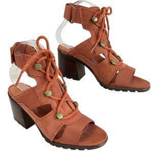 Sorel Shoes Womens Sz 7.5 Nadia Teak Brown Suede Lace Sandal Block Heel $135Nwob
